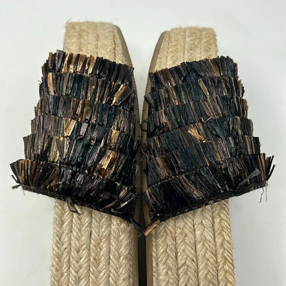 Paloma Barcelo Brown Raffia Espadrille Slip On Slide Platform Sandals EU Size 39